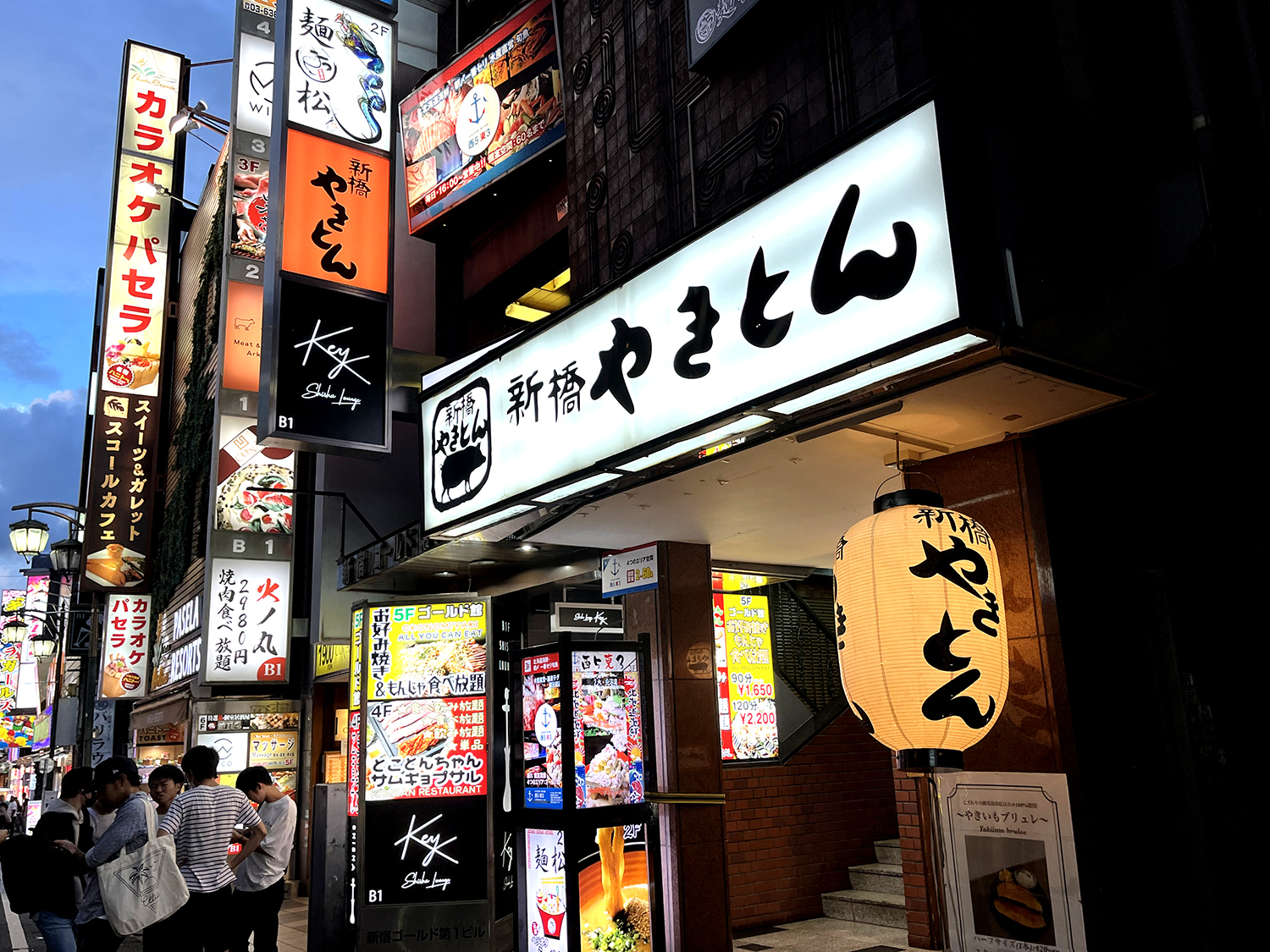 さくら通りを入り、右手の並びを見ながらすぐの雑居ビル。やきとん屋さんの2Fに『麺松 新宿歌舞伎町店』がある。龍のイラストの看板だ。