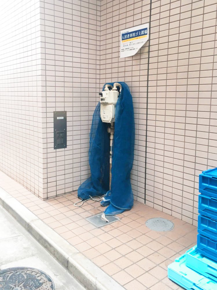 ガスメーターに垂らされたネットがアマビエのよう。