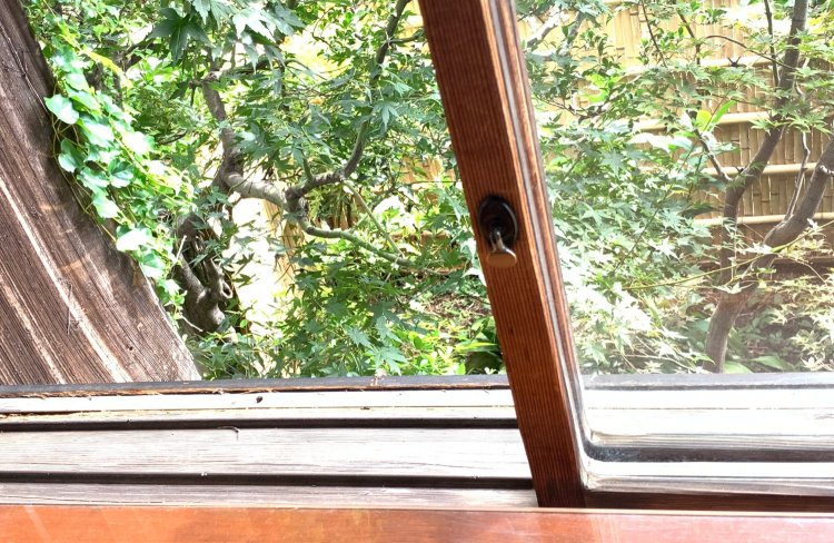 庭のグリーンと、オーナーが本物にこだわった竹垣。窓の桟の昔懐かしい鍵にも注目してしまう。