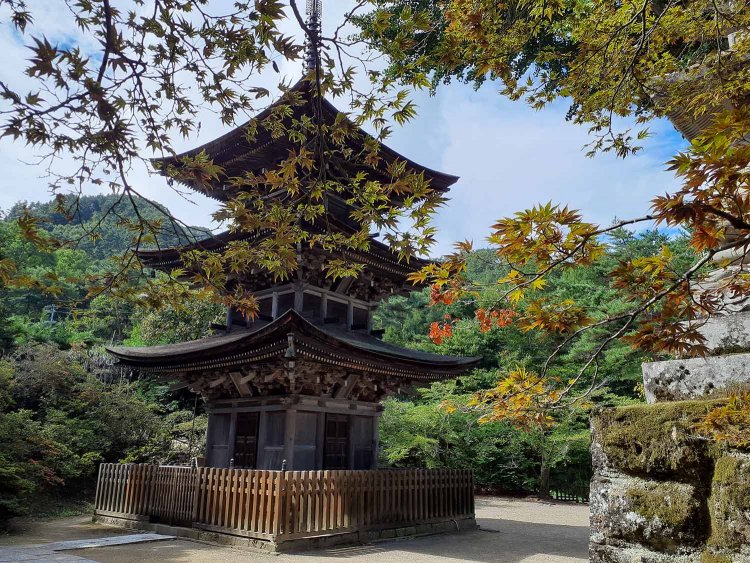 前山寺の三重塔(重要文化財) 。前山寺は真言宗智山派の寺院。812年(弘仁年間）に空海上人によって開創。1331年(元弘年間）に現地で開山したと伝えられる。