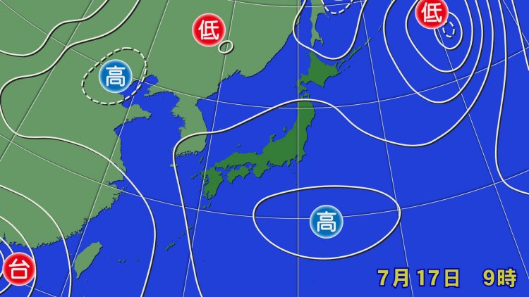 夏は南の海上から太平洋高気圧に覆われる。湿った風が吹くため白っぽい青空に。　※出典：ウェザーマップ