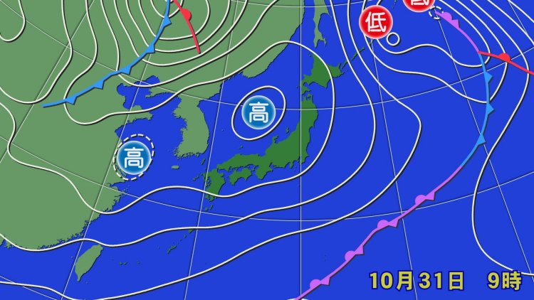秋は大陸から移動する高気圧に覆われる。澄み切った青空が広がりやすい。　※出典：ウェザーマップ