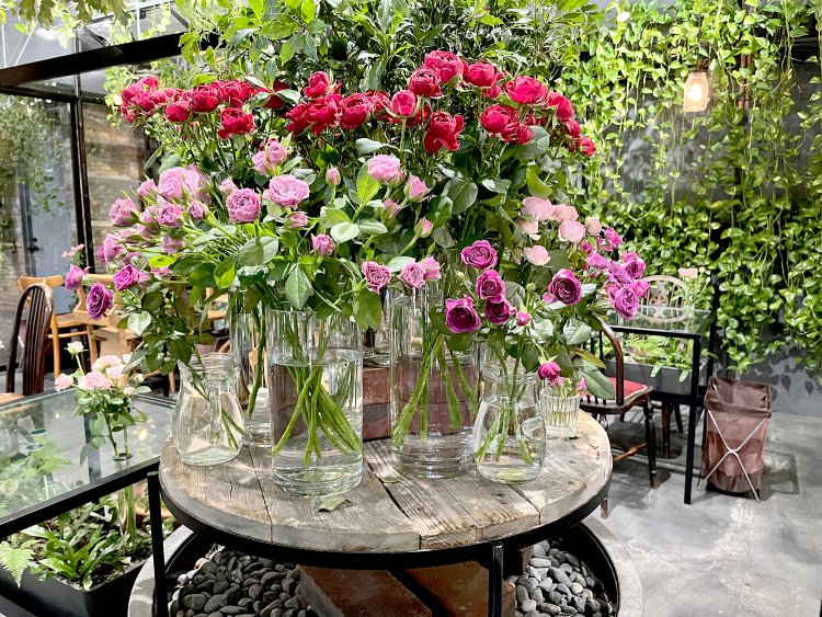 いろとりどりのスプレーバラ。10月中旬には青山フラワーマーケットに100種のダリアが揃う「青山ダリア祭り」が開催され、カフェ店内にもダリアが彩る。