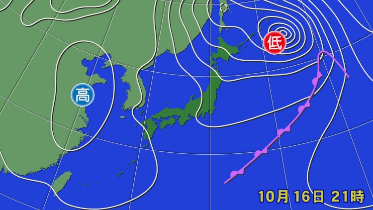 「西高東低」の気圧配置。秋から冬に現れやすく、太平洋側ではカラリと晴れることが多い。　※ウェザーマップ提供