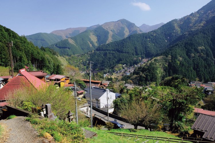 登山口付近から。棚沢集落の眺望。左下の朱色の屋根は正法寺。正面に見える小高い山は 広沢山だろうか。