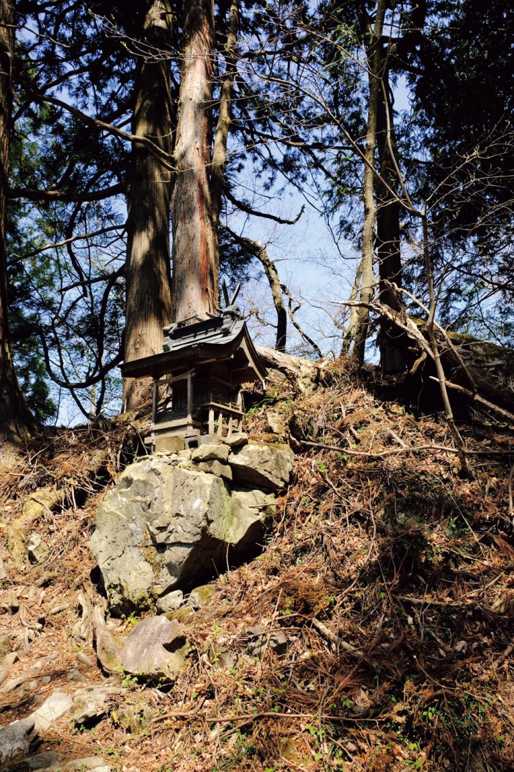 峰に行く道標でもある大根ノ山ノ神。ここまでくれば峰はまもなく。峰の子どもたちは 古里の分校までこの道を通って片道1時間かけた。