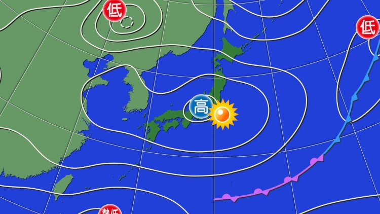 図2。高気圧の中心は本州付近にある。関東は晴れて、すっきりとした青空が広がる。※ウェザーマップ提供