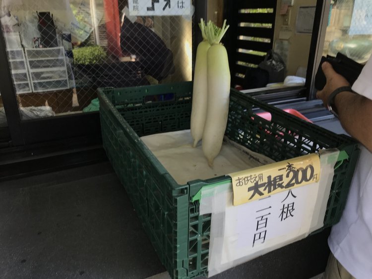 お供え物の大根は人気で売り切れ間近だった。