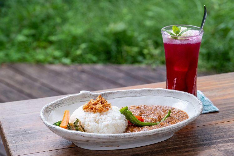 3日間かけて煮込んだチキンカレー1100円としそソーダフロート680円。