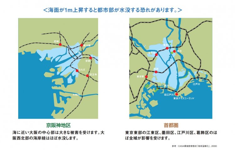 海面が1m上昇すると都市部が水没するおそれも。出典：全国地球温暖化防止活動推進センター