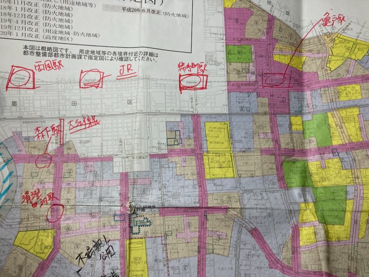 毎度おなじみの都市計画図。なんでこんな区割りになったんでしょうかね。