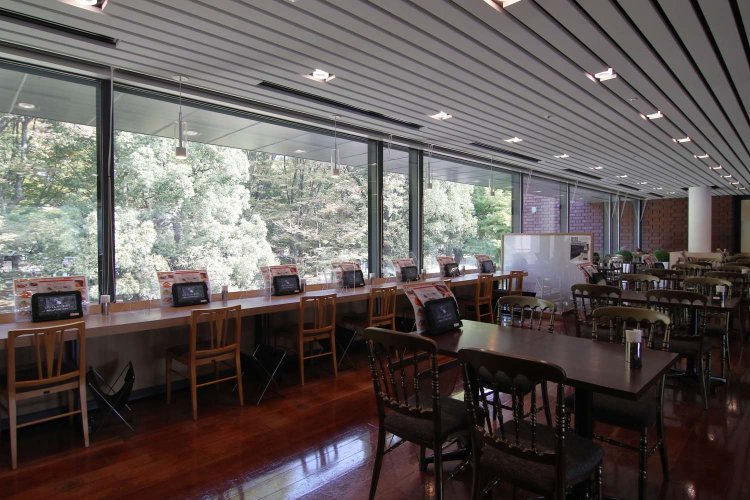 北側の席からは四季で彩りが変わる上野公園の樹木を眺めながら食事が楽しめる。