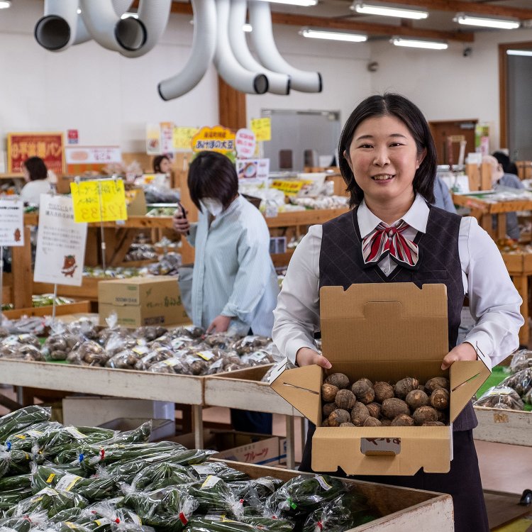 特産「やはたいも」を手にする職員の小泉佳純さん。