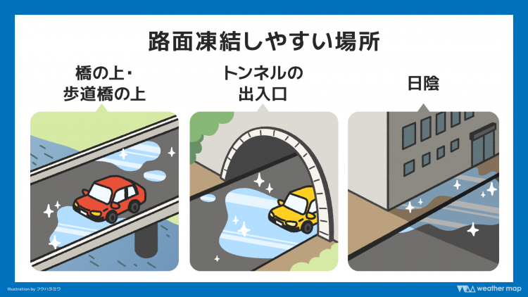 路面凍結しやすい場所　※出典：ウェザーマップ。