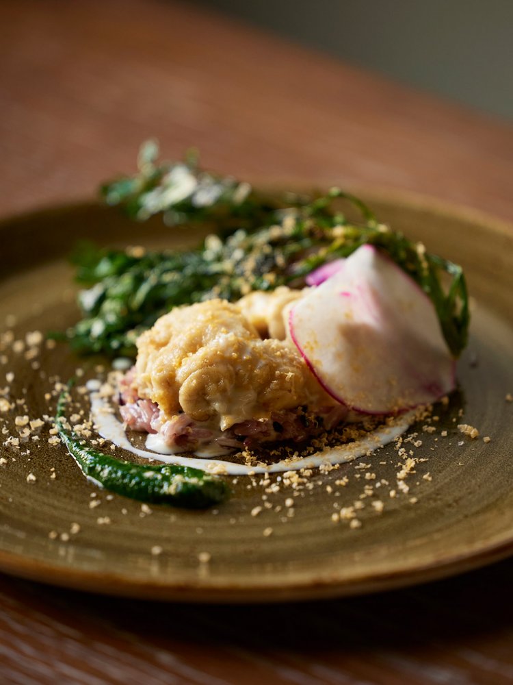 北海道産 真鱈白子のソテー 古代米とジャスミンライスと春菊1540円。