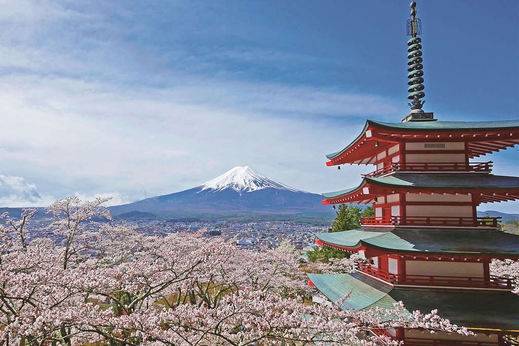山梨県富士吉田市の新倉山佐沼公園からは、富士山、桜、五重塔を一度に楽しめる。（写真／富士吉田市）