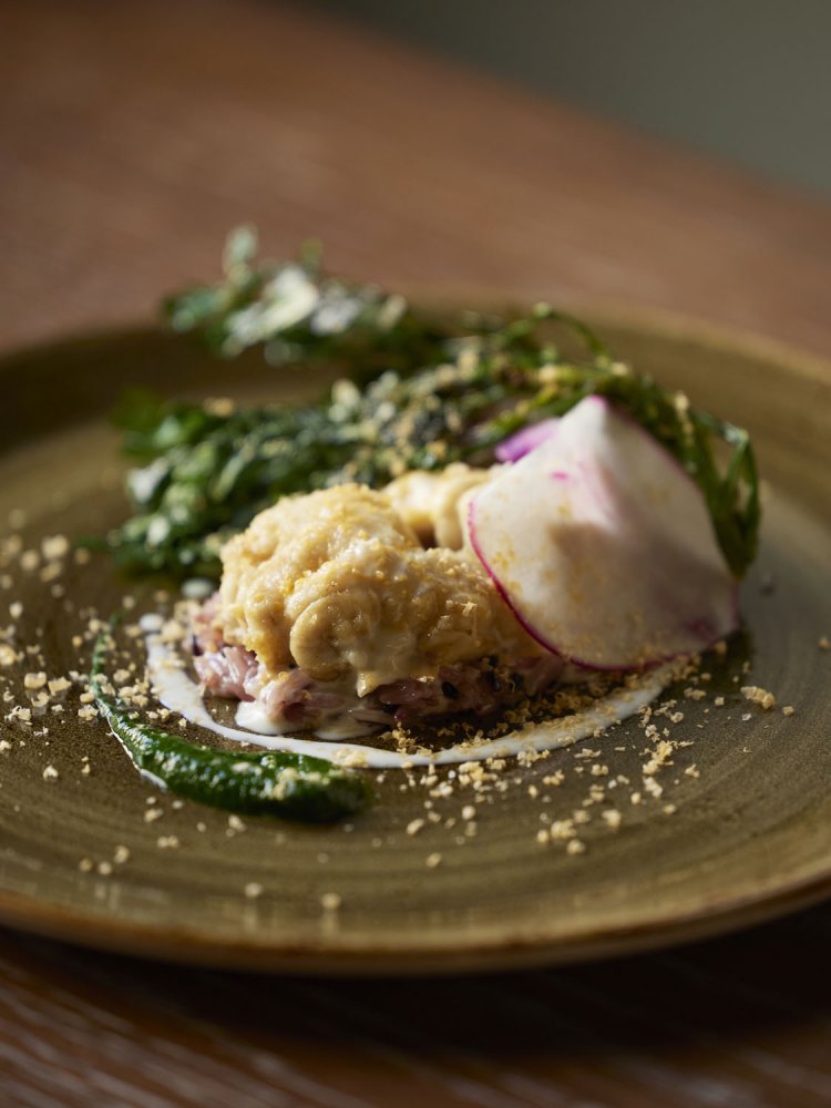 北海道産 真鱈白子のソテー古代米とジャスミンライスと春菊1540円。