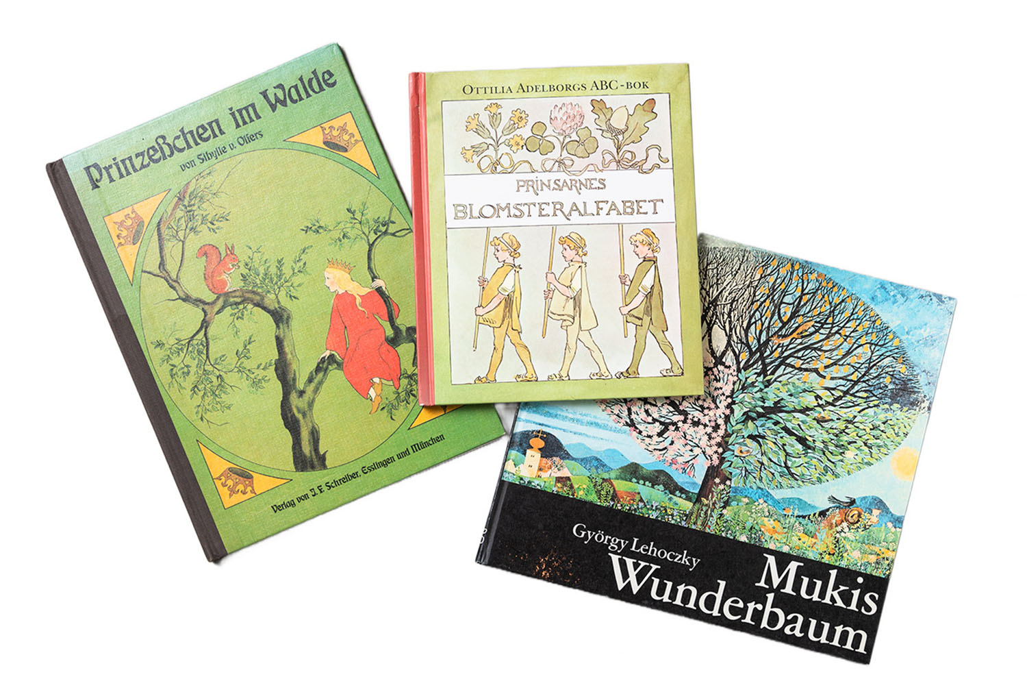 左から『森のおひめさま』（ドイツ／オルファース著）、『ABCブック』（スウェーデン／アーデルボルグ著）、『ムキの不思議な木』（ハンガリー／レホツキー著）。1枚1枚の絵がどれも美しく、ページをめくるごとに息をのむ。