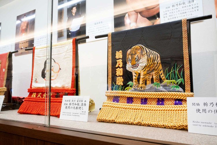 テーマに合わせ化粧まわしなどを展示。