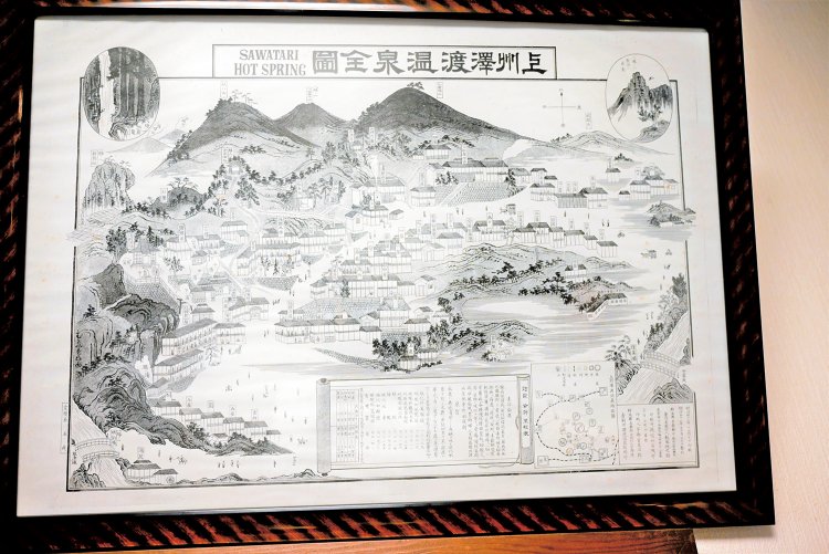 明治時代の絵図（レプリカ）には宿が30軒以上描かれ、往時のにぎわいが伝わってくる。