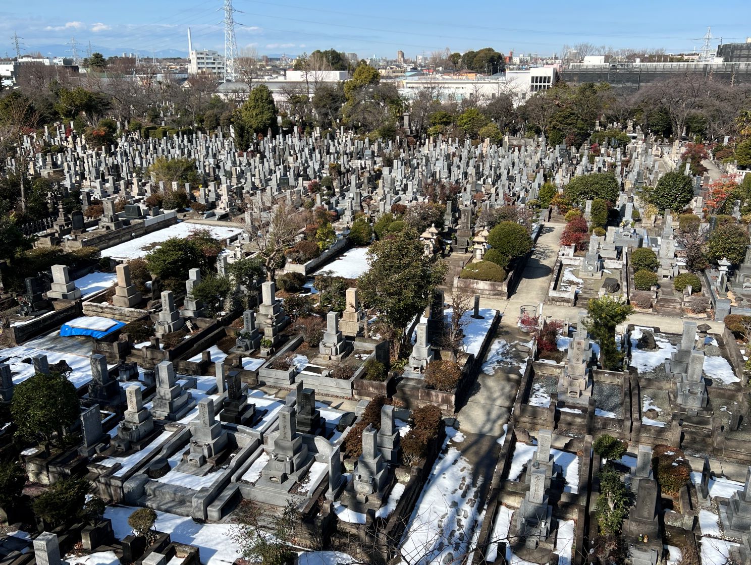 築地本願寺和田堀墓所、広大な墓地内にはシズ子の師匠だった服部良一の墓もある。