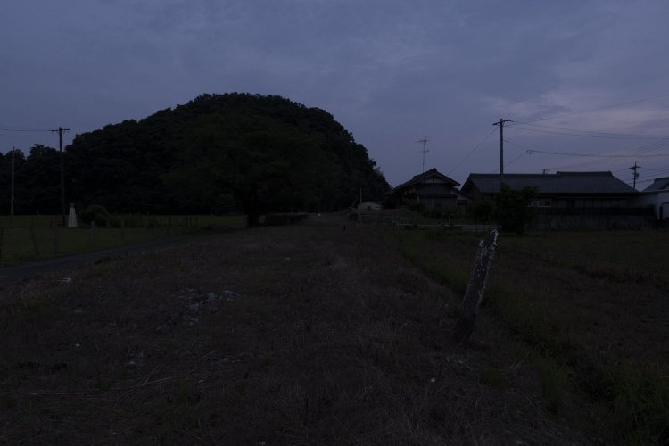 薄暮を過ぎて漆黒の闇へとなる間に撮った駅。ディティールはほぼ見えず、背後の雑木林のシルエットに同化されていった。2020年7月20日撮影。