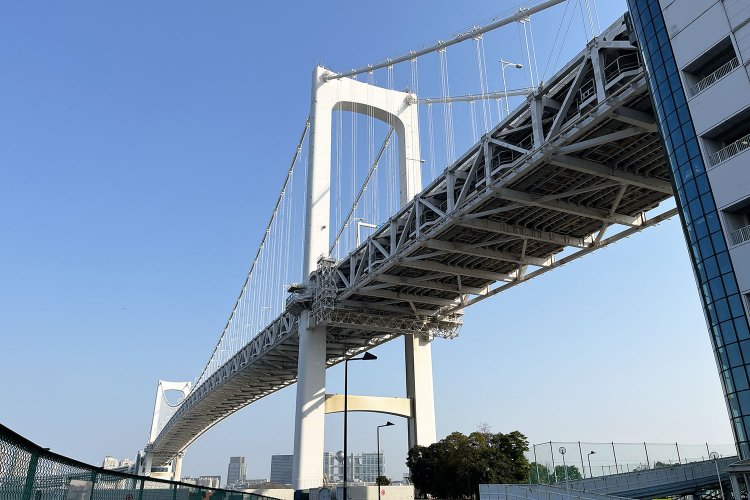 芝浦側、遊歩道エントランスのそばから見上げるレインボーブリッジ。