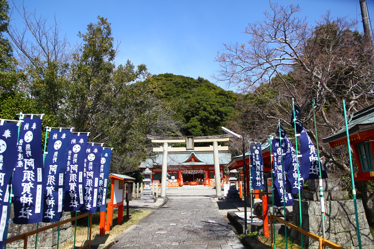 阿須賀神社。背後にそびえるのが蓬莱山。
