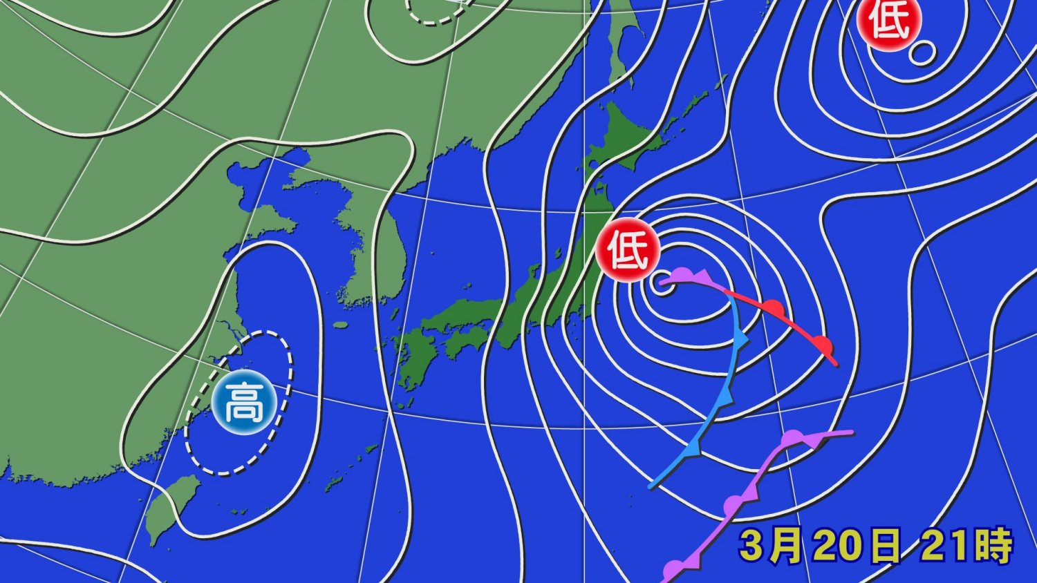 2024年3月20日の「春分の日」。低気圧が発達しながら通過し、愛知県の名鉄・空港線では強風の影響で停電が発生した。出典：ウェザーマップ