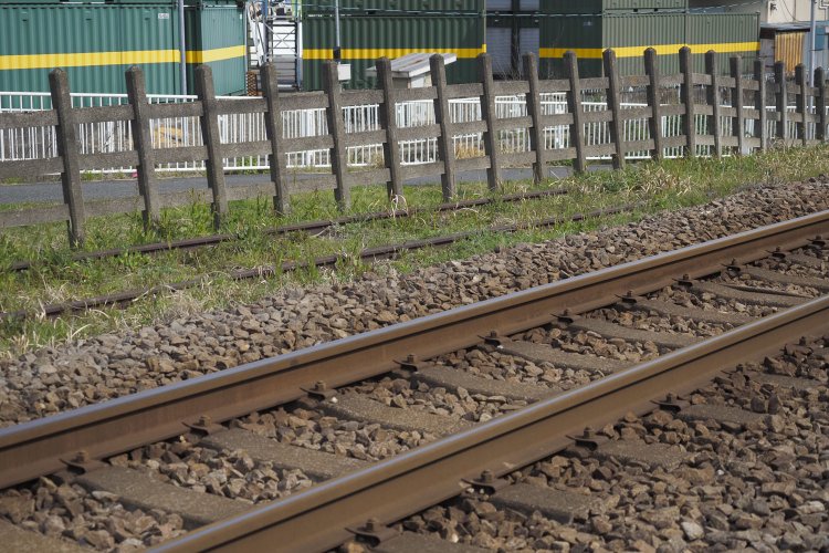 現在の線路を手前にすると、遺構のレールはかなり細い。道床の改良でそれぞれの線路の高さもバラストの質も変わった。