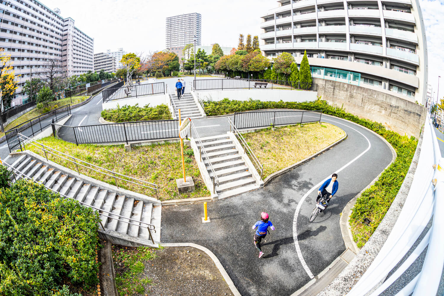 砂町橋から見た仙台堀川公園。自転車道のカーブが気持ちよさそう。