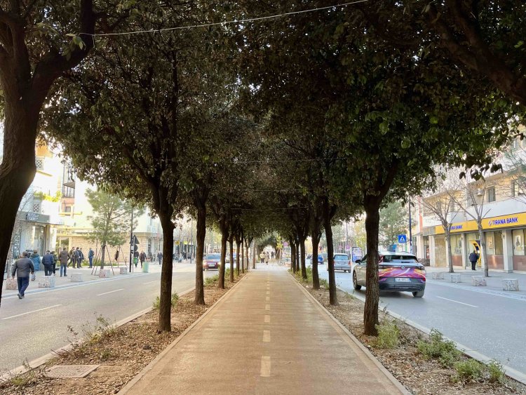 ティラナの中心部。以前は路面電車が走っていたと思われる道の中央に設けられた自転車レーン。