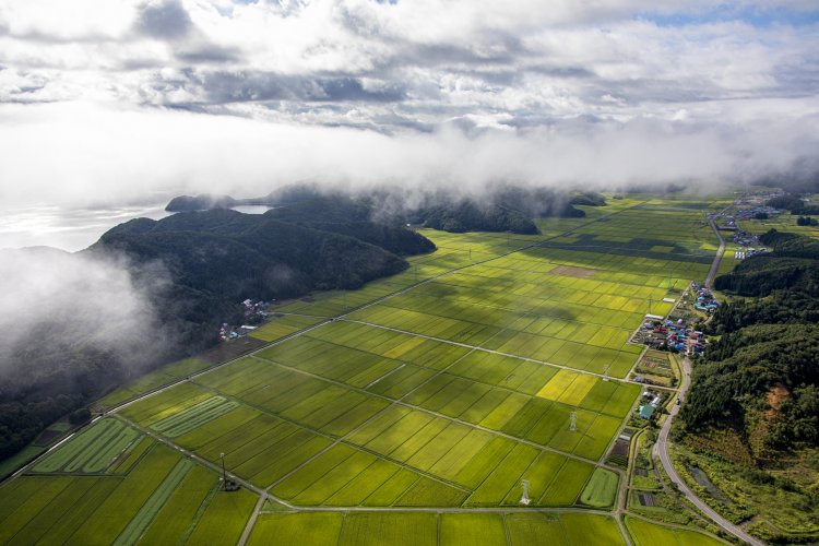 猪苗代湖北西部付近。田園の上に低い雲がかかり絵画のように美しかった。