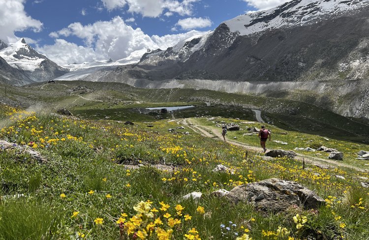 中央に見えるのがシュテリゼー、奥に立つのが山小屋レストラン「フルーアルプ」。