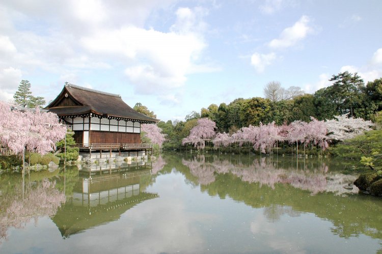 春の紅枝垂れ桜、初夏のボタンやハナショウブなどが美しい池泉回遊式庭園。
