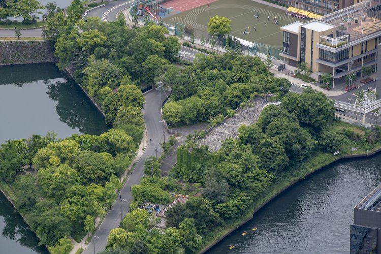 空撮の自由度を生かして寝屋川の方向から観察。といっても木々にのまれていて建物のディティールが全く分からない。