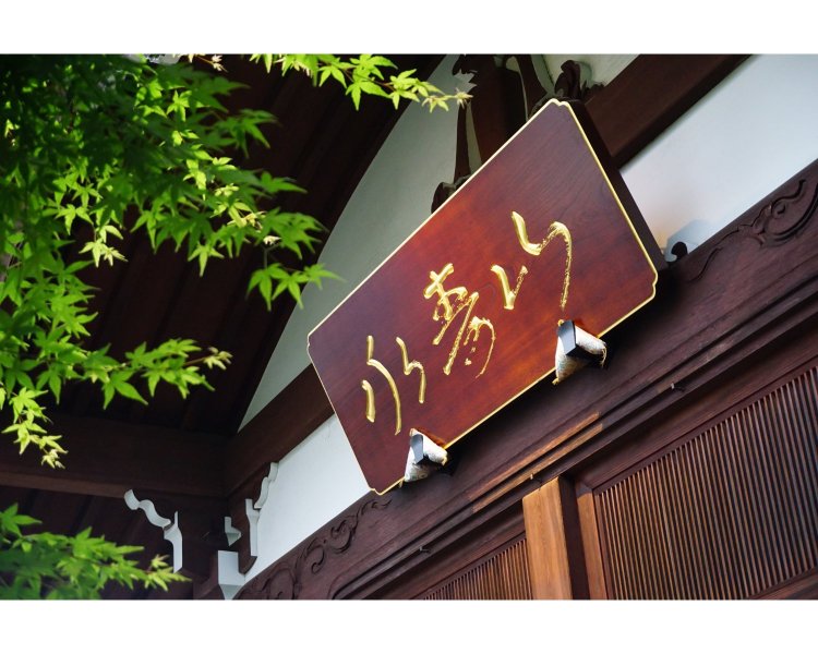 お父様が揮毫された山号額に、新緑が青々と映える。