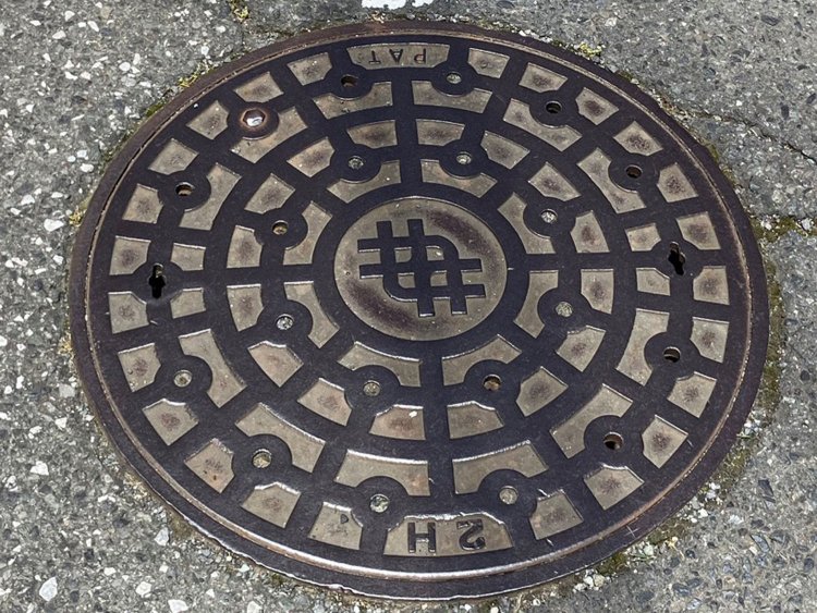 一見普通のマンホールだが、中央に「田」の字をモチーフとした田無市章がある。