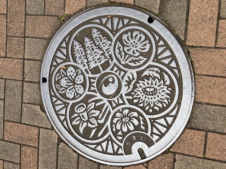 一方こちらは西東京市の木や花をあしらった新しいマンホール。市章で見分けがつく。