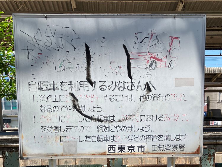 東伏見駅南口付近の看板。色あせ、落書きもされてしまっている中で、「西東京市」だけが妙に目立つ。