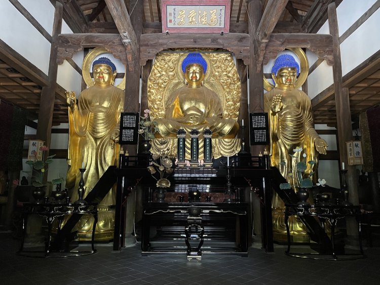 全身が金色に光る神々しさ（福岡市博多区の聖福寺、左から阿弥陀如来、釈迦如来、弥勒如来像）。