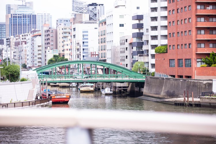 両国橋の中ほどから見た、緑色のアーチが印象的な柳橋。橋の向こう側は神田川となり（手前は隅田川）、多くの屋形船が係留されている。