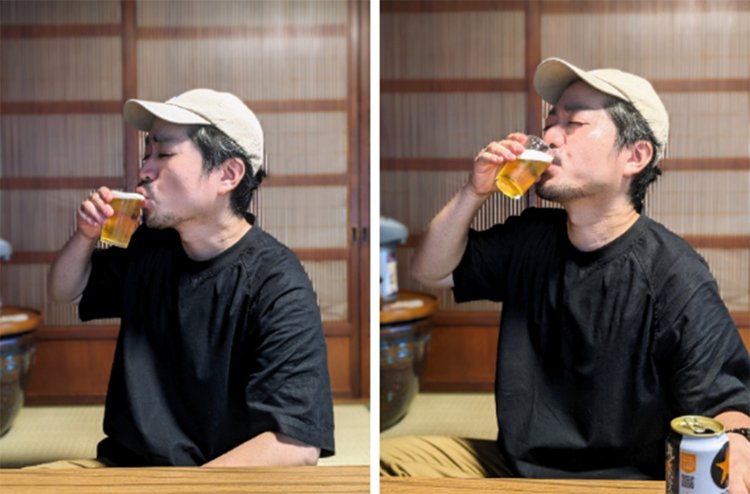 むさぼるようにしてビールを飲む筆者。