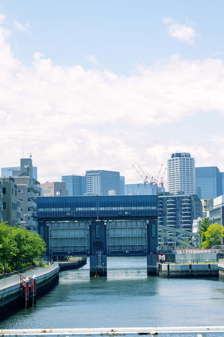 高橋から見た新小名木川水門。