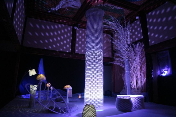 階段を上がった最後の部屋「頂上の間」に現れる作品（作家・弦間康仁）。紙をメインの材料に使い、本物の植物を交えた作品。見る角度で印象が変わる。