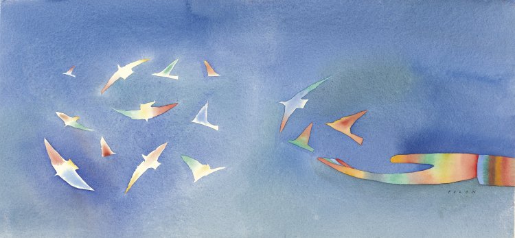 『世界人権宣言』表紙 原画 1988年 フォロン財団   (C)Fondation Folon, ADAGP/PARIS, 2024-2025。