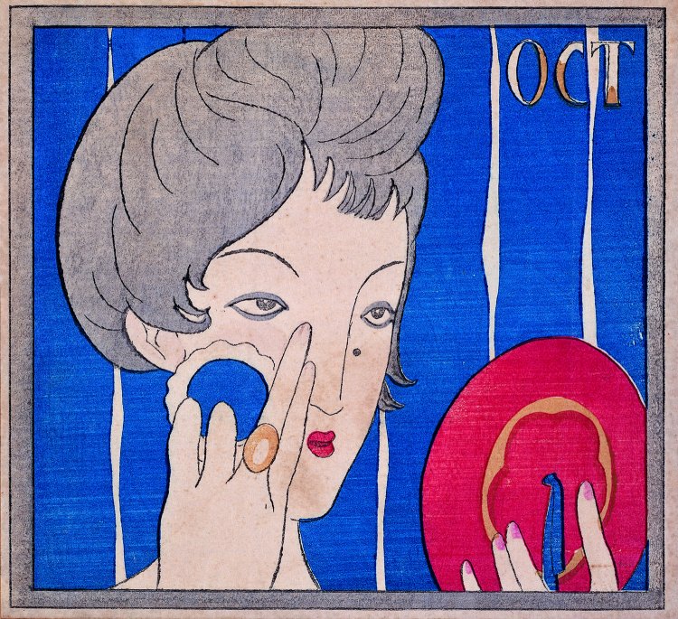 『化粧の秋（『婦人グラフ』表紙絵）』1924年 木版 夢二郷土美術館蔵。
