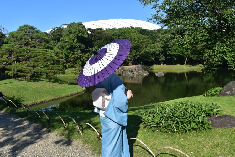 『東京ドーム』の屋根が映える、『小石川後楽園』で。