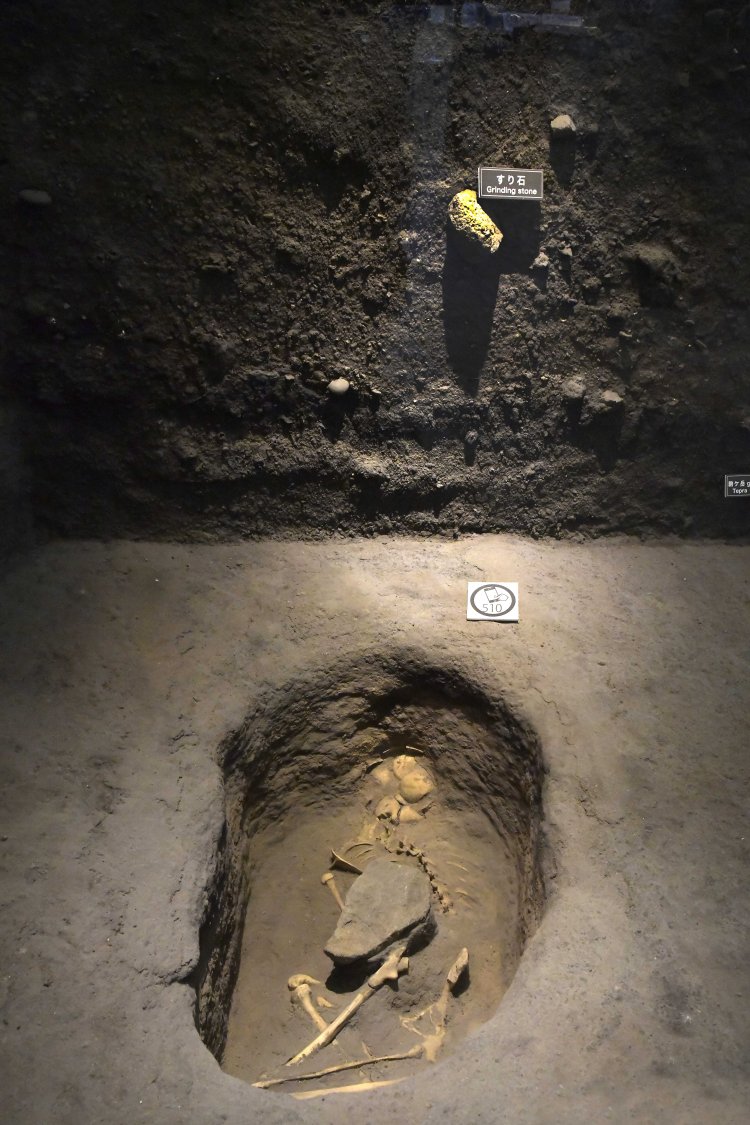 丸い穴を掘って埋められた墓の復元展示。この遺跡で14体の人骨が発掘されている。