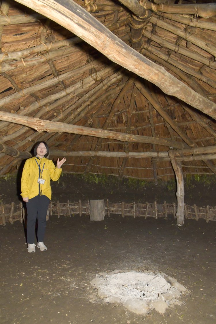 入江貝塚の竪穴住居の復元施設は、中に入ることが可能。屋根は木の皮を葺いて土をのせている。